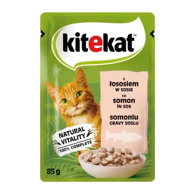 Kitekat hrana umeda pentru pisici adulte, bucatele de somon in sos suculent, 85 g
