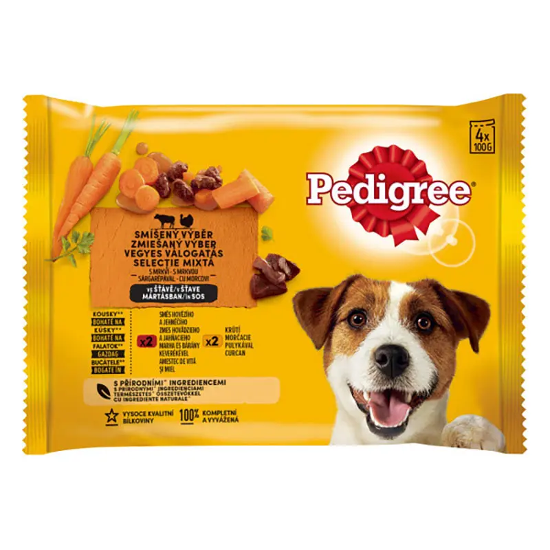 Pedigree hrana umeda pliculete pentru caini adulti cu vita, miel, curcan si morcov, 4 x 100 g