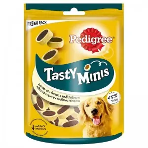Pedigree Tasty Minis recompense pentru caini adulti, cu branza si vita 140 g