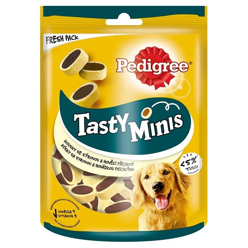 Pedigree Tasty Minis recompense pentru caini adulti, cu branza si vita 140 g