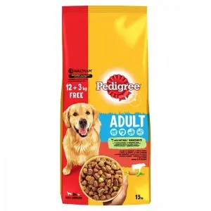 Pedigree hrana uscata pentru caini adulti, cu vita si legume 12 kg + 3 kg