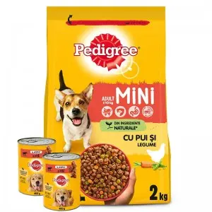 Pedigree hrana uscata pasare si legume caini adulti talie mica 2 kg+Pedigree hrana umeda, conserva caini adulti 400 g