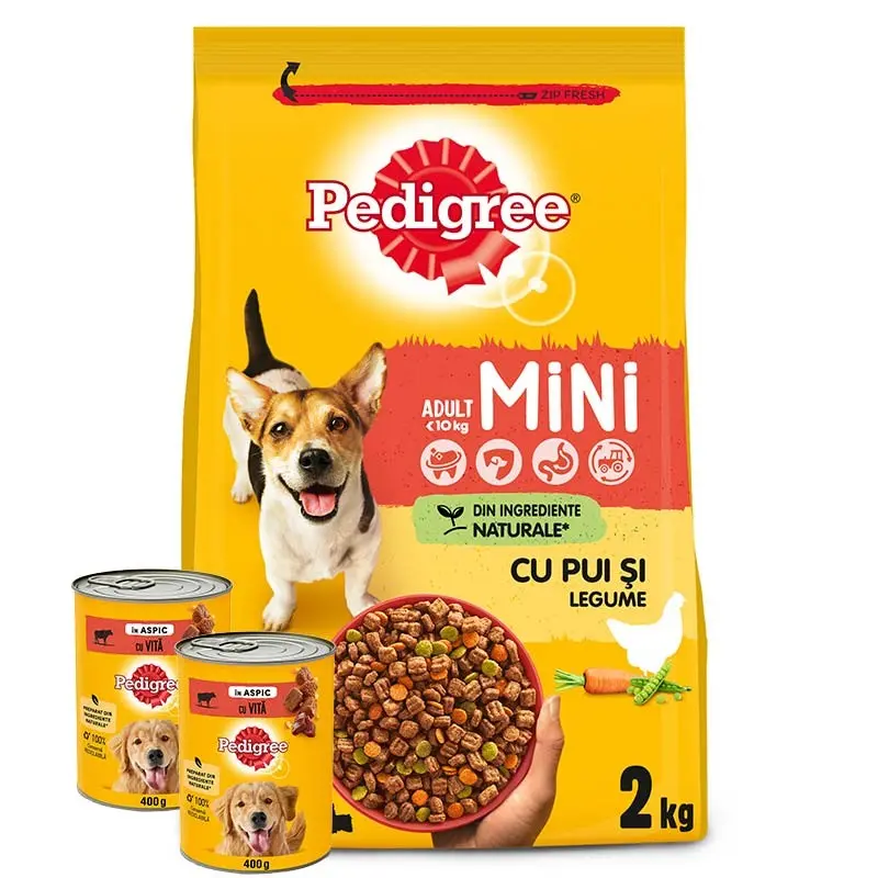 Pedigree hrana uscata pasare si legume caini adulti talie mica 2 kg+Pedigree hrana umeda, conserva caini adulti 400 g