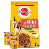 Pedigree hrana uscata pasare si legume caini adulti talie mica 2 kg+Pedigree hrana umeda, conserva caini adulti 400 g