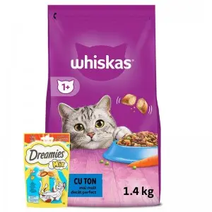 Whiskas hrana uscata ton, pisici adulte 1,4 kg+Dreamies recompense pisici, mix somon si branza 60 g