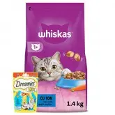 Whiskas hrana uscata ton, pisici adulte 1,4 kg+Dreamies recompense pisici, mix somon si branza 60 g